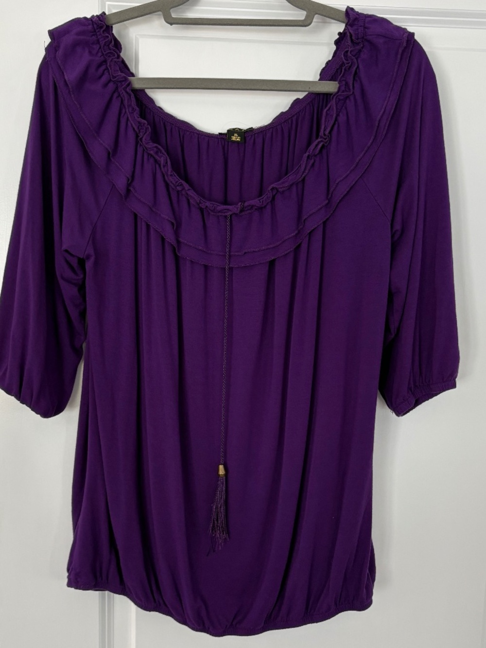 IMAN Purple On/Off the Shoulder Ruffle Neck Top
